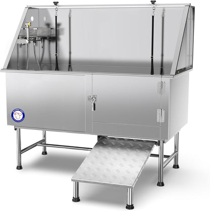 62" Stainless Steel Pet Dog Bath Tub with Faucet (Right Door/Left Drain), 62 X 27 X 58"