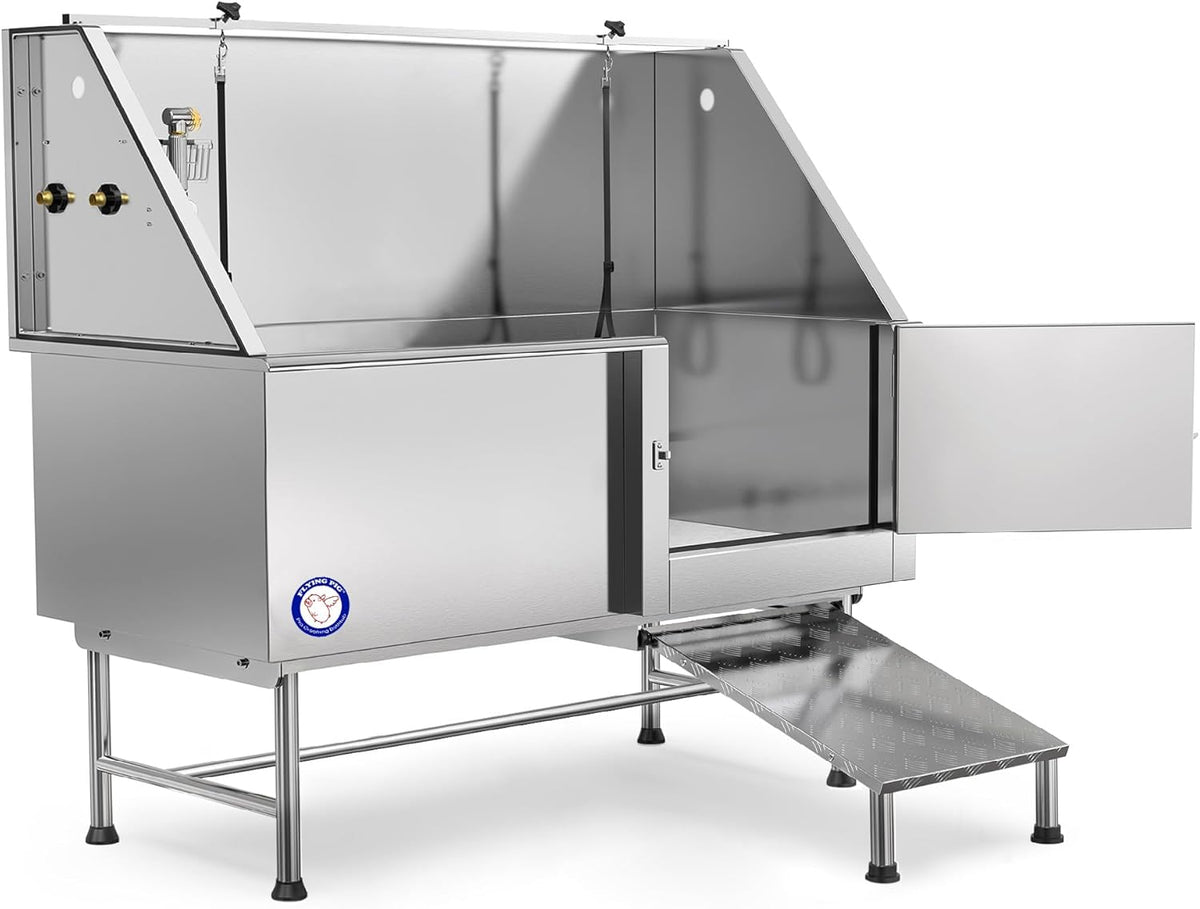 62" Stainless Steel Pet Dog Bath Tub with Faucet (Right Door/Left Drain), 62 X 27 X 58"
